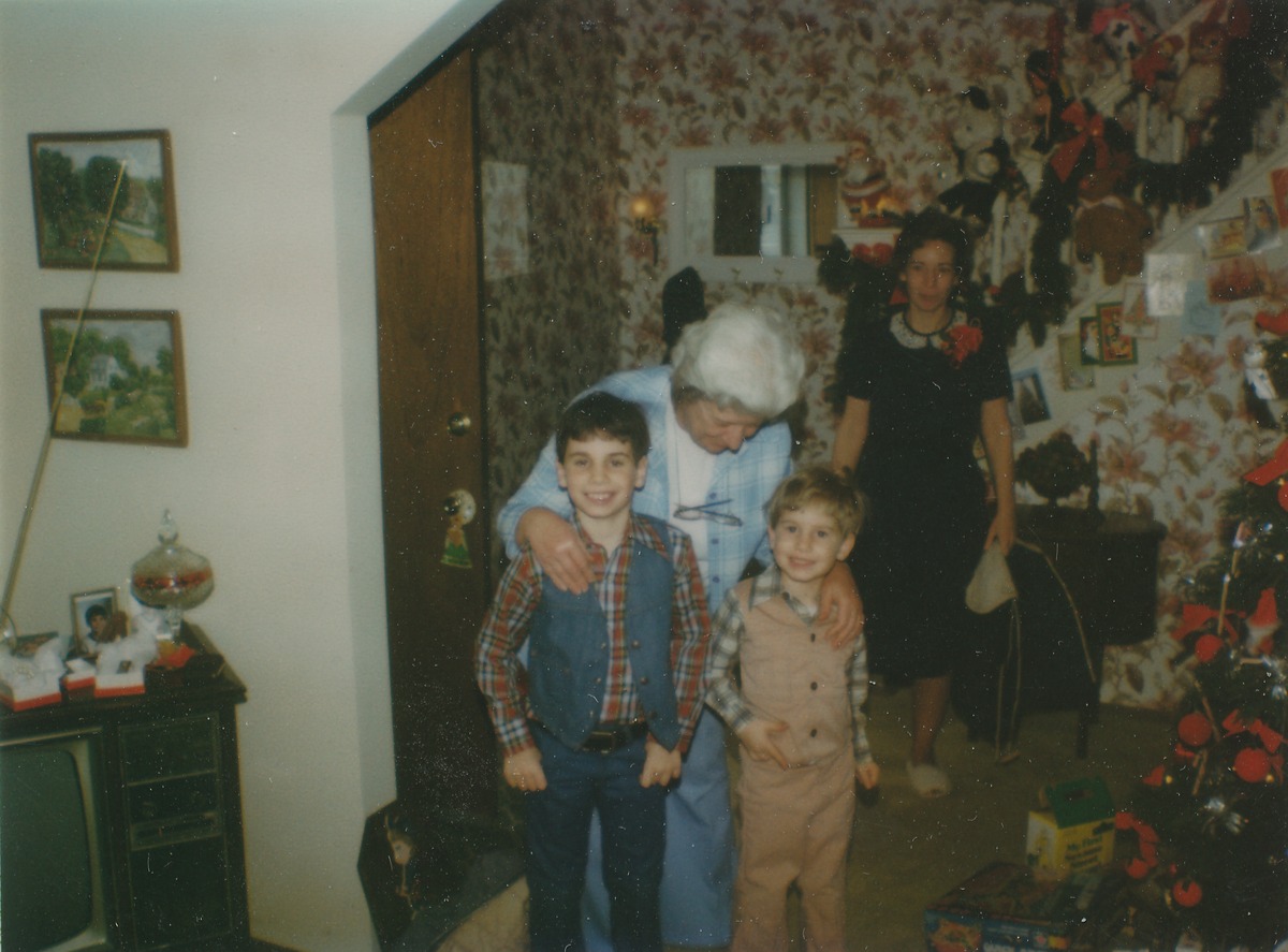 Catherine Riess and her grandsons, Christmas, ca. 1979
