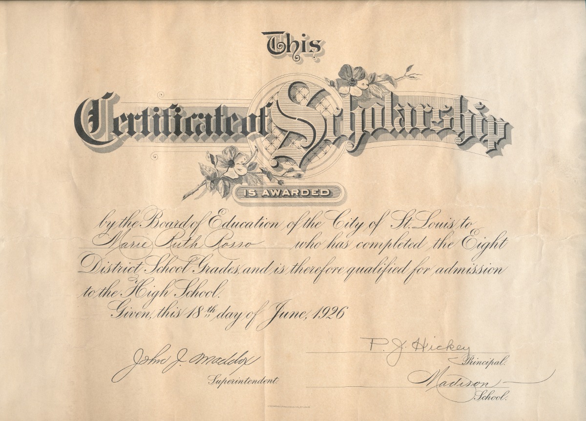 Marie Ruth Rosso's elementary school diploma, 1926