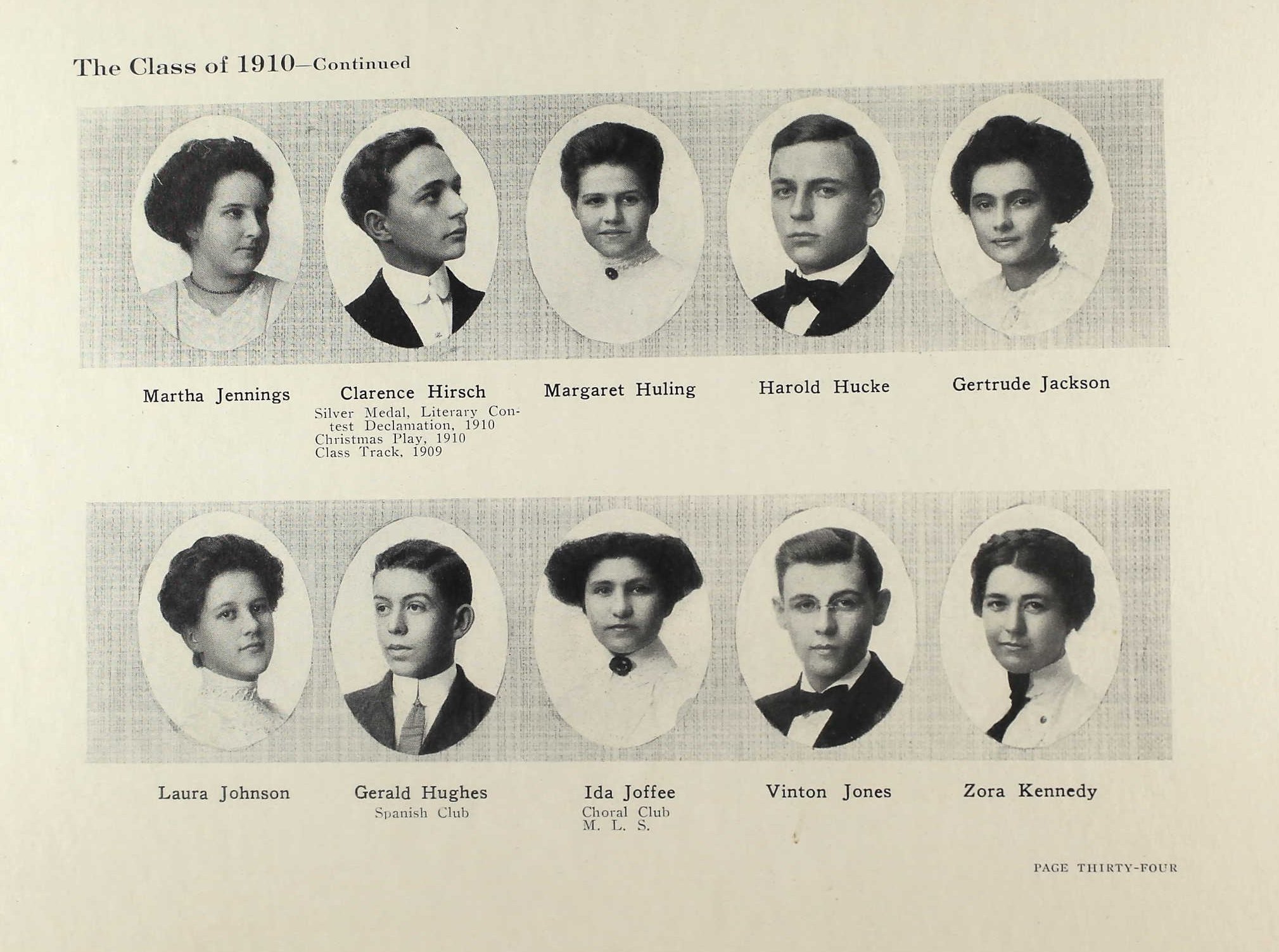 Central High School 1910 Yearbook page featuring Harold E. Hucke